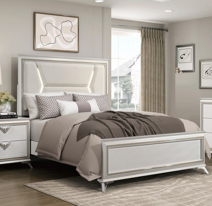 Buy farmhouse furniture 1pc Modern Luxury Queen Bed Upholstered Headboard with LED Lighting Wooden Bedroom Furniture Antique White Finish and Gold - Modern Cottage Farmhouse Furniture