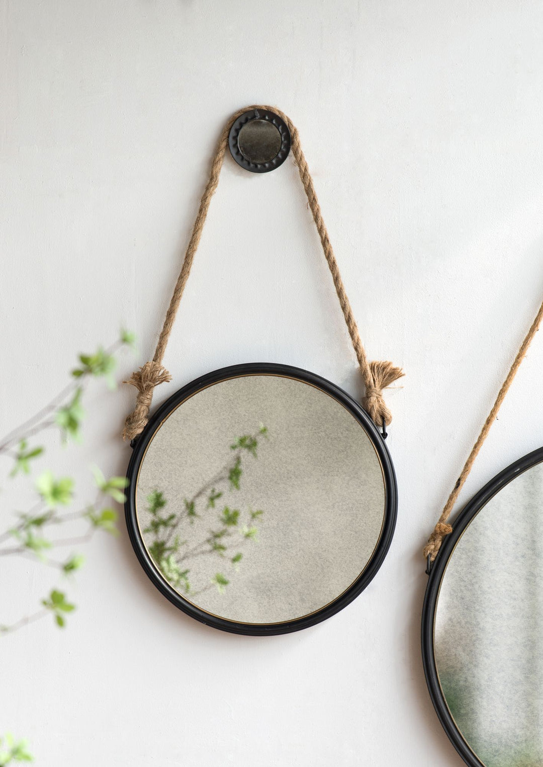 Buy farmhouse furniture Contemporary 19.5" Grey Round Metal Mirror - Cleveland Style with Rope Strap for Entryway & Bathroom - Modern Cottage Farmhouse Furniture