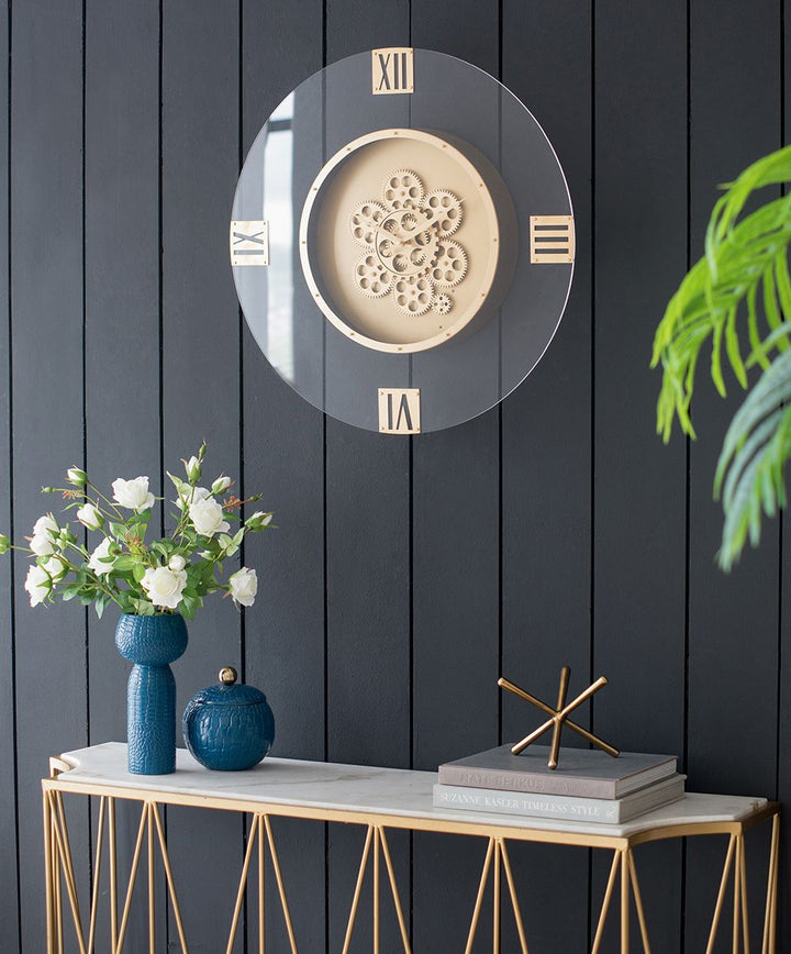 Buy farmhouse furniture 23.5" Wall Clock Round Moving Gear Roman Numeral - Modern Cottage Farmhouse Furniture