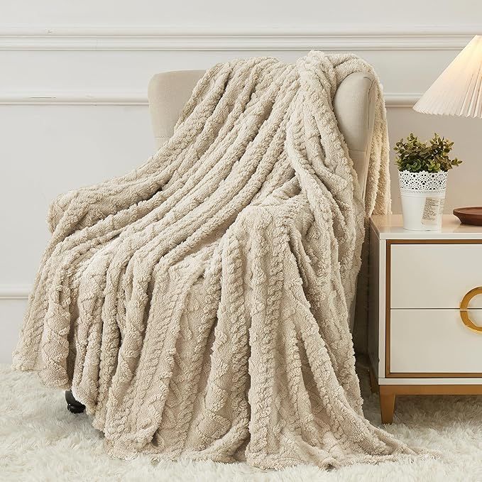 Buy farmhouse furniture Farmhouse Textured Beige Fleece Throw Blanket - Modern Cottage Farmhouse Furniture