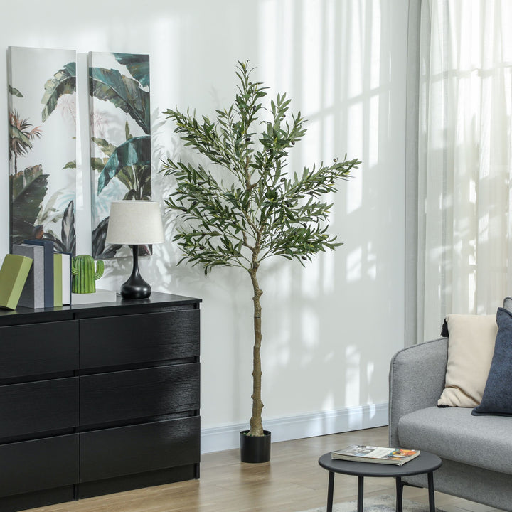 Buy farmhouse furniture 6ft Artificial Olive Tree in Pot with Silk Leaves, Fruits, Faux Tree, Indoor Fake Plant for Home - Modern Cottage Farmhouse Furniture