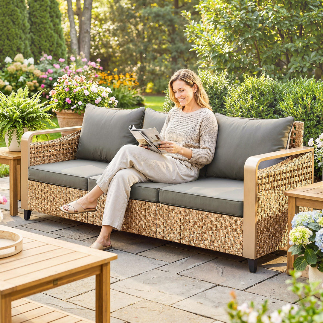Buy farmhouse furniture Farmhouse Rattan Wicker Sofa 3-Seater Outdoor Patio Sofa Couch - Modern Cottage Farmhouse Furniture