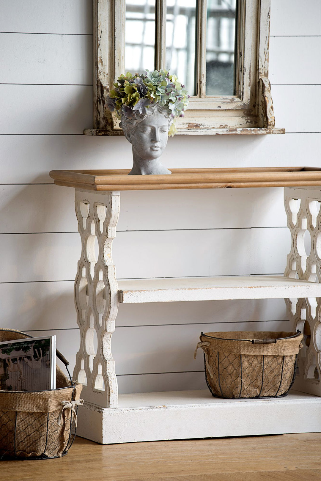 Buy farmhouse furniture Distressed Rustic White and Natural Wood Farmhouse Foyer Console Table - Modern Cottage Farmhouse Furniture