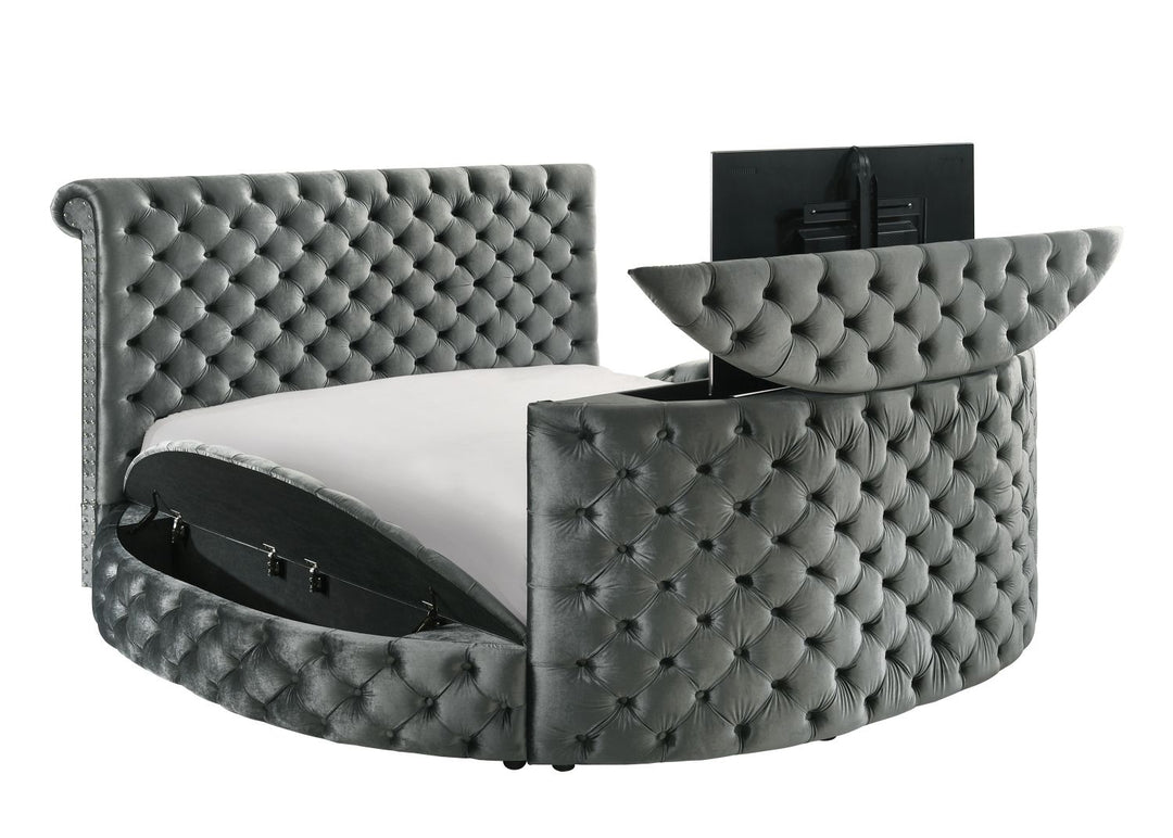 Buy farmhouse furniture 1pc Luxurious Circular King Size Bed Deeply Tufted Headboard Nail Head Trim Upholstered - Modern Cottage Farmhouse Furniture