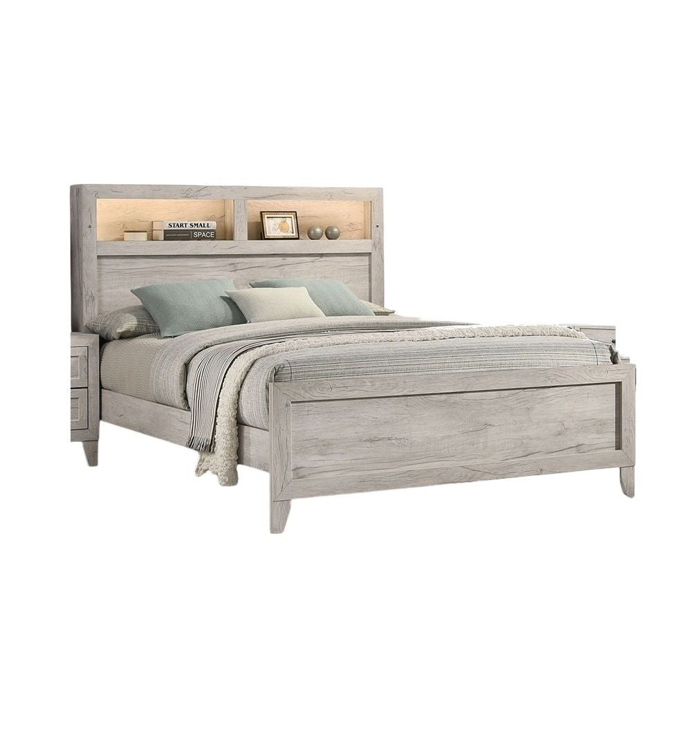 Buy farmhouse furniture 1pc King Size Farmhouse Bed w Headboard Shelves and Light White Wash Contemporary Furniture - Modern Cottage Farmhouse Furniture