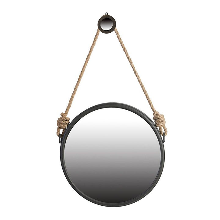 Buy farmhouse furniture Contemporary 19.5" Grey Round Metal Mirror - Cleveland Style with Rope Strap for Entryway & Bathroom - Modern Cottage Farmhouse Furniture