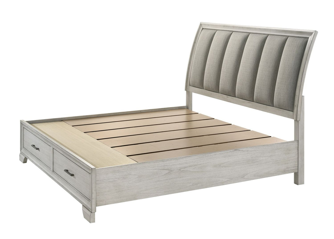 Buy farmhouse furniture Elegant Queen Farmhouse Platform Bed with Ultra-plush Headboard and Two Spacious Footboard Drawers - Solid Wood in White Mist - Modern Cottage Farmhouse Furniture