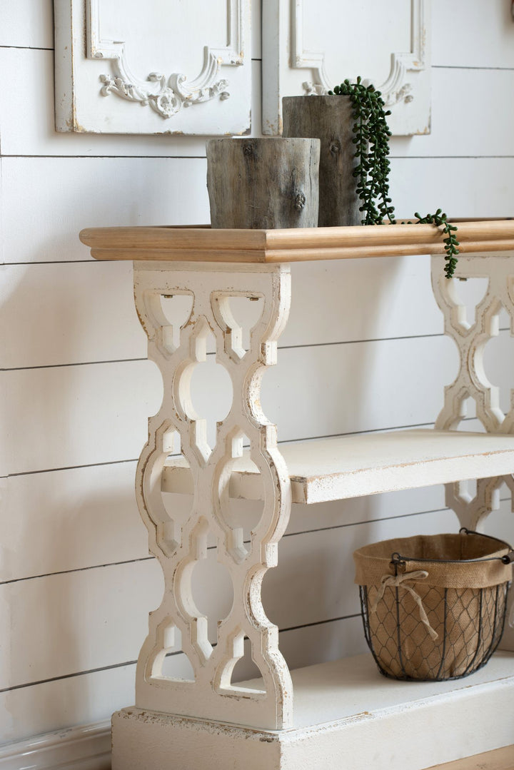 Buy farmhouse furniture Distressed Rustic White and Natural Wood Farmhouse Foyer Console Table - Modern Cottage Farmhouse Furniture