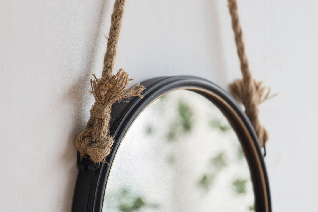Buy farmhouse furniture Contemporary 19.5" Grey Round Metal Mirror - Cleveland Style with Rope Strap for Entryway & Bathroom - Modern Cottage Farmhouse Furniture