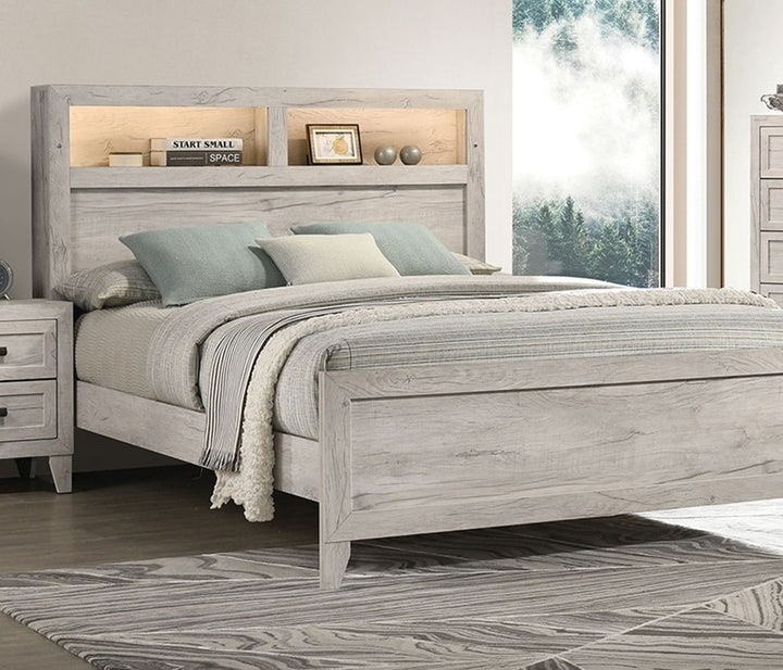 Buy farmhouse furniture 1pc King Size Farmhouse Bed w Headboard Shelves and Light White Wash Contemporary Furniture - Modern Cottage Farmhouse Furniture