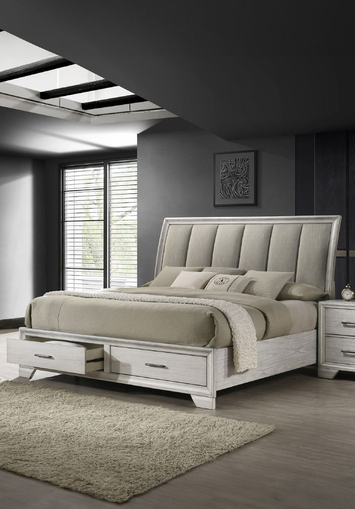 Buy farmhouse furniture Elegant Queen Farmhouse Platform Bed with Ultra-plush Headboard and Two Spacious Footboard Drawers - Solid Wood in White Mist - Modern Cottage Farmhouse Furniture
