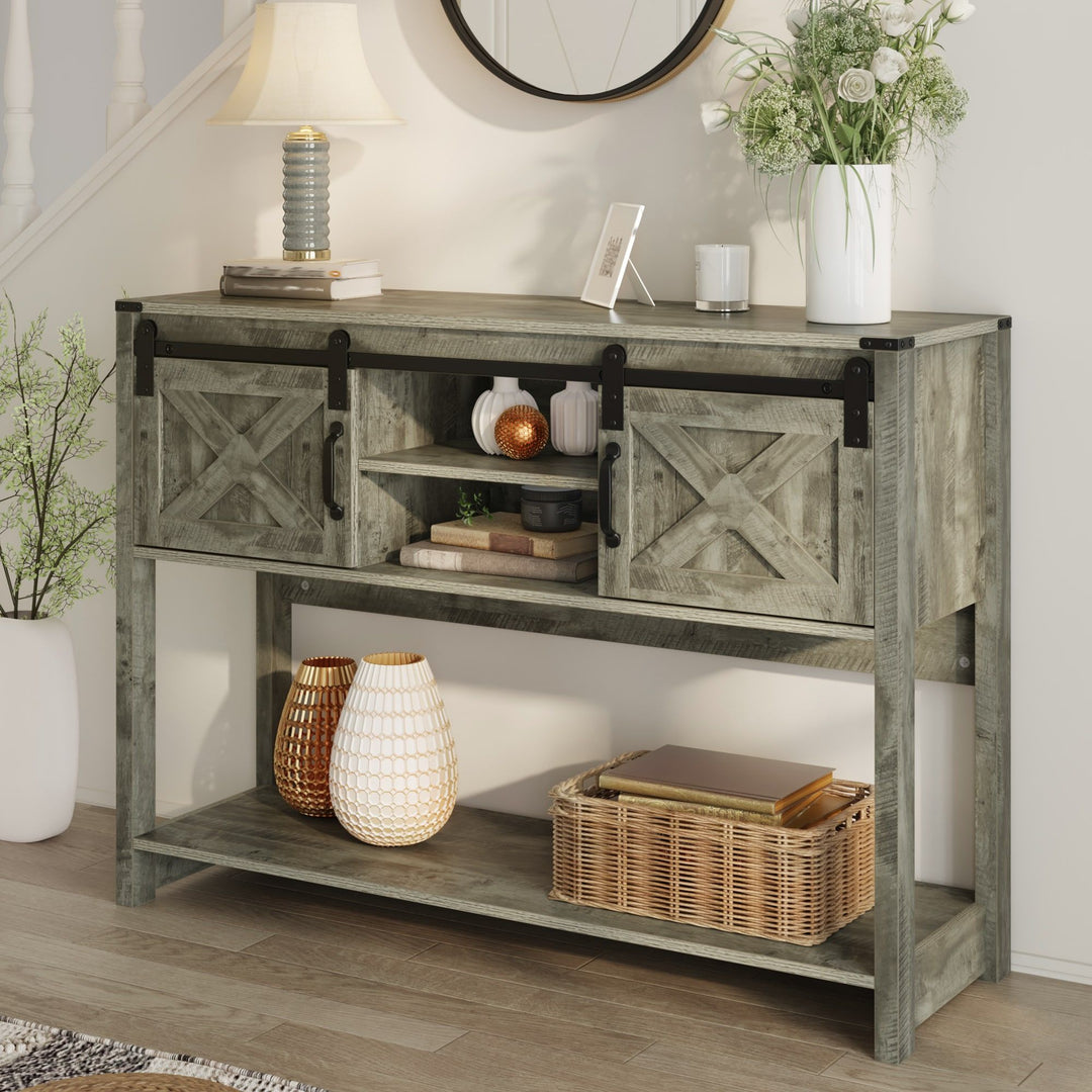 Buy farmhouse furniture Farmhouse Entryway Table with Drawers, 46" Console Table with Sliding Barn Door, Wood Rustic Sofa Table with Adjustable Shelf for Living Room, Foyer, Hallway, White and Rustic Oak - Modern Cottage Farmhouse Furniture