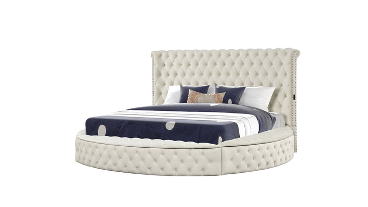 Buy farmhouse furniture Hazel Modern Circular Style King Bed Made with Wood in Cream - Modern Cottage Farmhouse Furniture