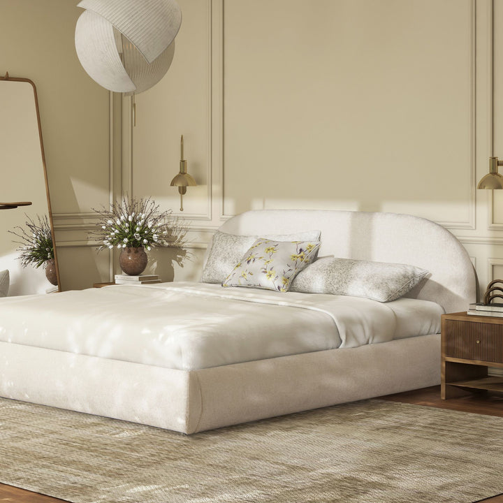 Buy farmhouse furniture Archie Puffy Grounded Upholstered Platform Bed, King, Almond White - Modern Cottage Farmhouse Furniture