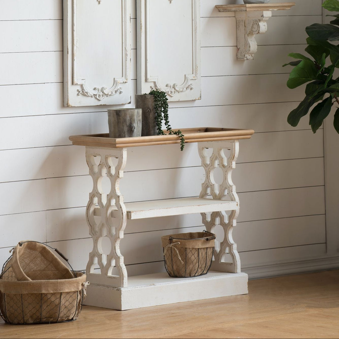 Buy farmhouse furniture Distressed Rustic White and Natural Wood Farmhouse Foyer Console Table - Modern Cottage Farmhouse Furniture