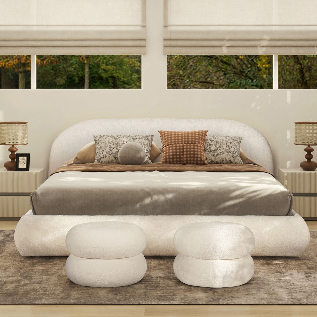 Buy farmhouse furniture Archie Puffy Grounded Upholstered Platform Bed, King, Almond White - Modern Cottage Farmhouse Furniture