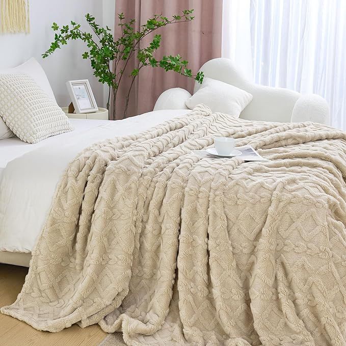 Buy farmhouse furniture Farmhouse Textured Beige Fleece Throw Blanket - Modern Cottage Farmhouse Furniture