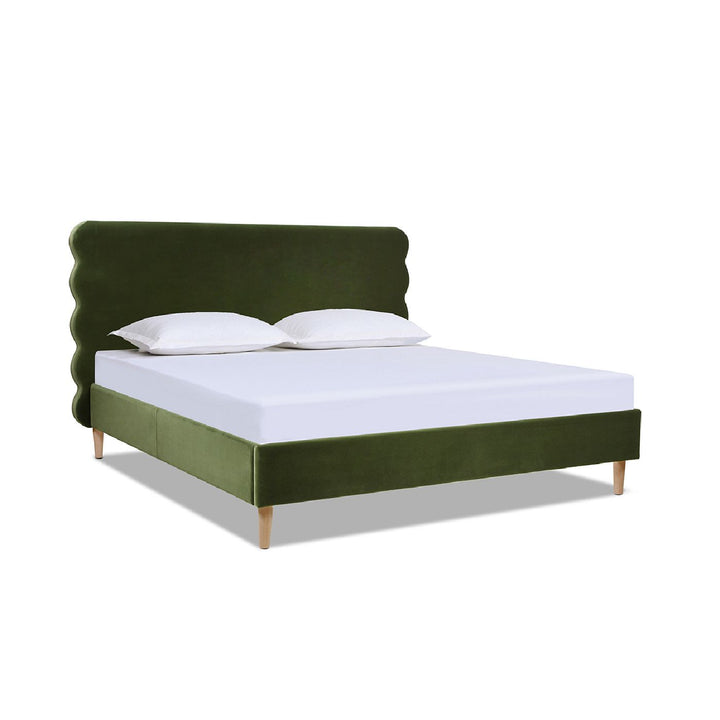 Buy farmhouse furniture Stockholm Modern Wavy Headboard Platform Bed, King, Olive Green Performance Velvet - Modern Cottage Farmhouse Furniture
