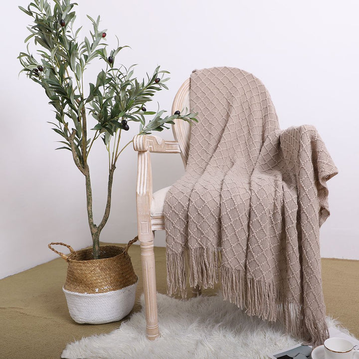 Buy farmhouse furniture Modern Farmhouse Coffee Diamond Pattern Knitted Throw Blanket with Tassels - Modern Cottage Farmhouse Furniture