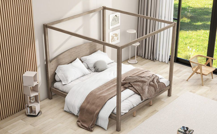 Buy farmhouse furniture King Size Canopy Platform Bed with Headboard and Support Legs, Brown Wash - Modern Cottage Farmhouse Furniture