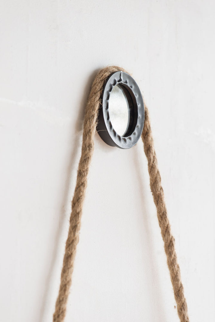 Buy farmhouse furniture Contemporary 19.5" Grey Round Metal Mirror - Cleveland Style with Rope Strap for Entryway & Bathroom - Modern Cottage Farmhouse Furniture