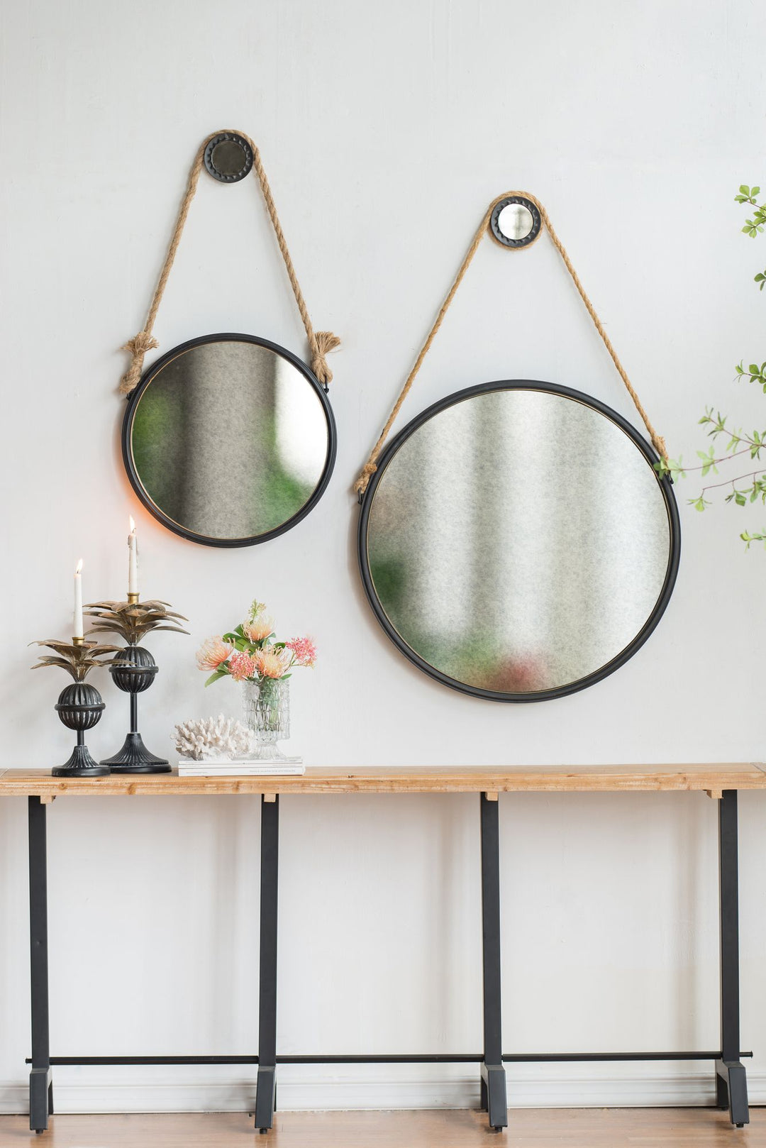 Buy farmhouse furniture Contemporary 19.5" Grey Round Metal Mirror - Cleveland Style with Rope Strap for Entryway & Bathroom - Modern Cottage Farmhouse Furniture