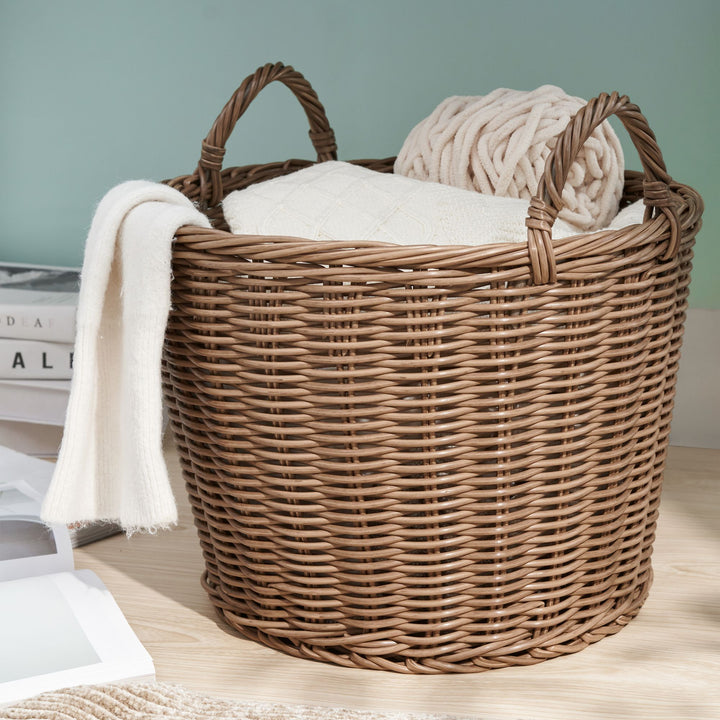 Buy farmhouse furniture Elegant Resin Wicker Storage Basket - Chocolate Brown Round Cone Design - Ideal for Organizing Clothes, Towels, and Magazines in a 16" x 16" x 14.5" Size - Modern Cottage Farmhouse Furniture