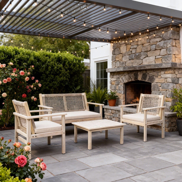 Buy farmhouse furniture Wicker 4-Piece Acacia Modern Cottage Farmhouse Wood Patio Set with Cushions - Modern Cottage Farmhouse Furniture