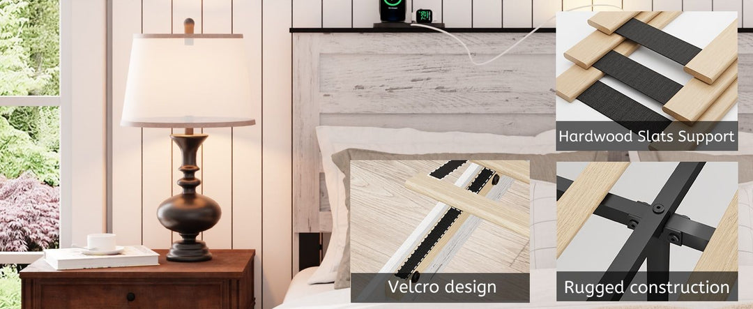 Buy farmhouse furniture Queen Bed Frame with Upholstered Headboard and Wood Platform,Storage Headboard with Charging Station and LED, Bed Frame with Pet Bed,No Noise, No Box Spring Needed,Easy Assembly,Antique White - Modern Cottage Farmhouse Furniture