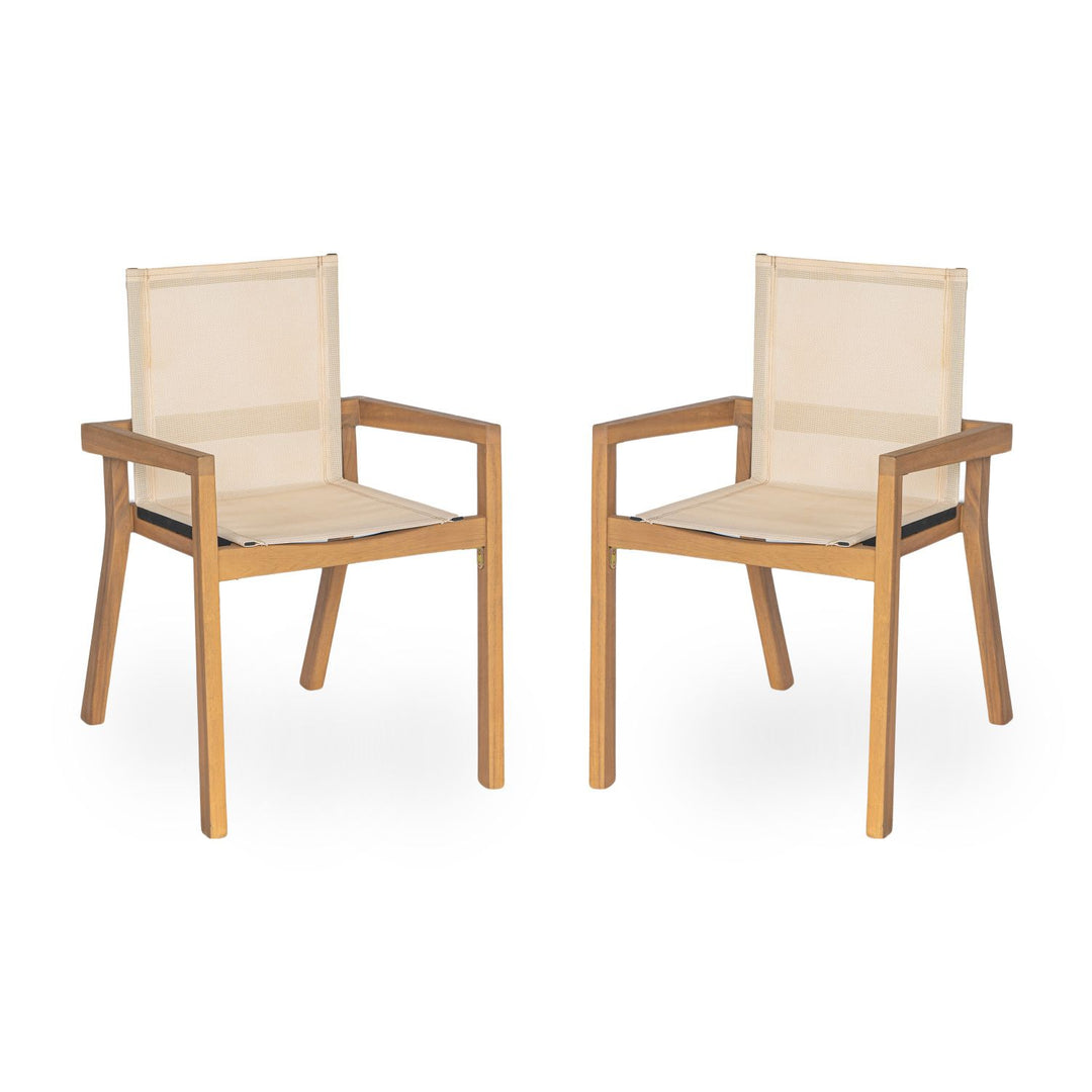 Buy farmhouse furniture Acacia Wood Outdoor Dining Set for 6 | Teak Finish Table & Beige Mesh Chairs | 7-Piece Patio Set - Modern Cottage Farmhouse Furniture