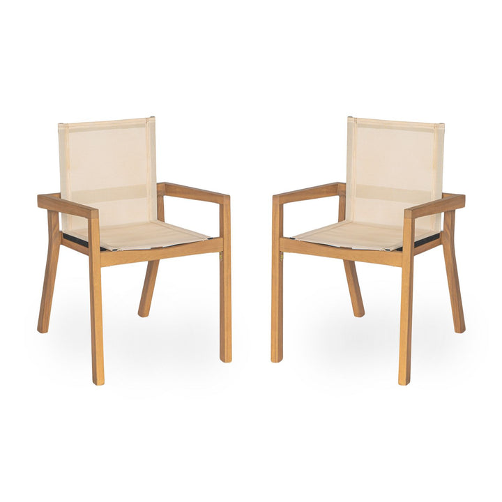 Buy farmhouse furniture Acacia Wood Outdoor Dining Set for 6 | Teak Finish Table & Beige Mesh Chairs | 7-Piece Patio Set - Modern Cottage Farmhouse Furniture