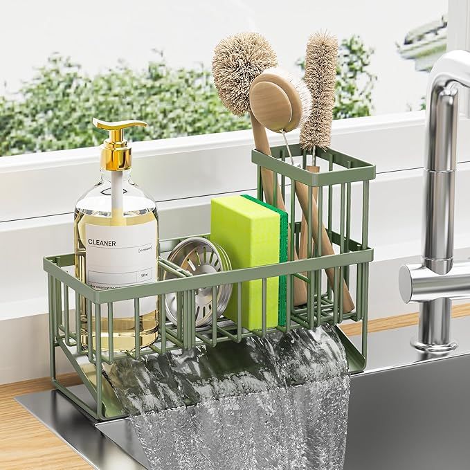 Buy farmhouse furniture Kitchen Sink Caddy, Sponge Holder for Kitchen Sink, Kitchen Sink Organzier and Storage with High Brush Holder, 304 Stainless Gadgets Sink Accessories, Organizadores de Cocina Sage Green - Modern Cottage Farmhouse Furniture