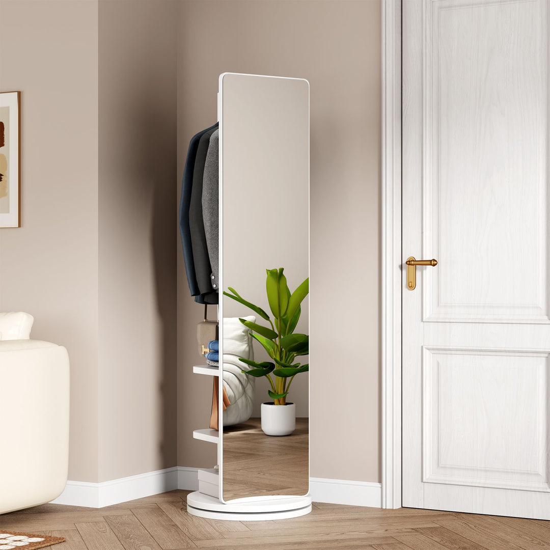 Buy farmhouse furniture Multifunctional Full Length Mirror with Coat Storage Rack - 360° Rotating Design for Bedroom and Closet in Beautiful White Finish - Modern Cottage Farmhouse Furniture