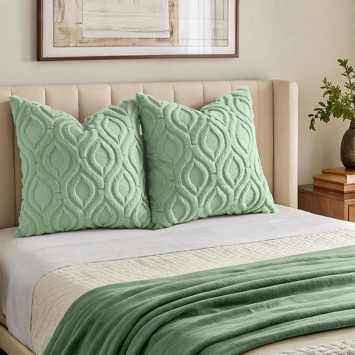 Buy farmhouse furniture Throw Pillow Covers 18x18 Inch Set of 2, Soft Plush Faux Wool Sage Green Solid Couch Pillow Covers, Accent Farmhouse Neutral Square Pillow Cases for Sofa Bed Living Room - Modern Cottage Farmhouse Furniture