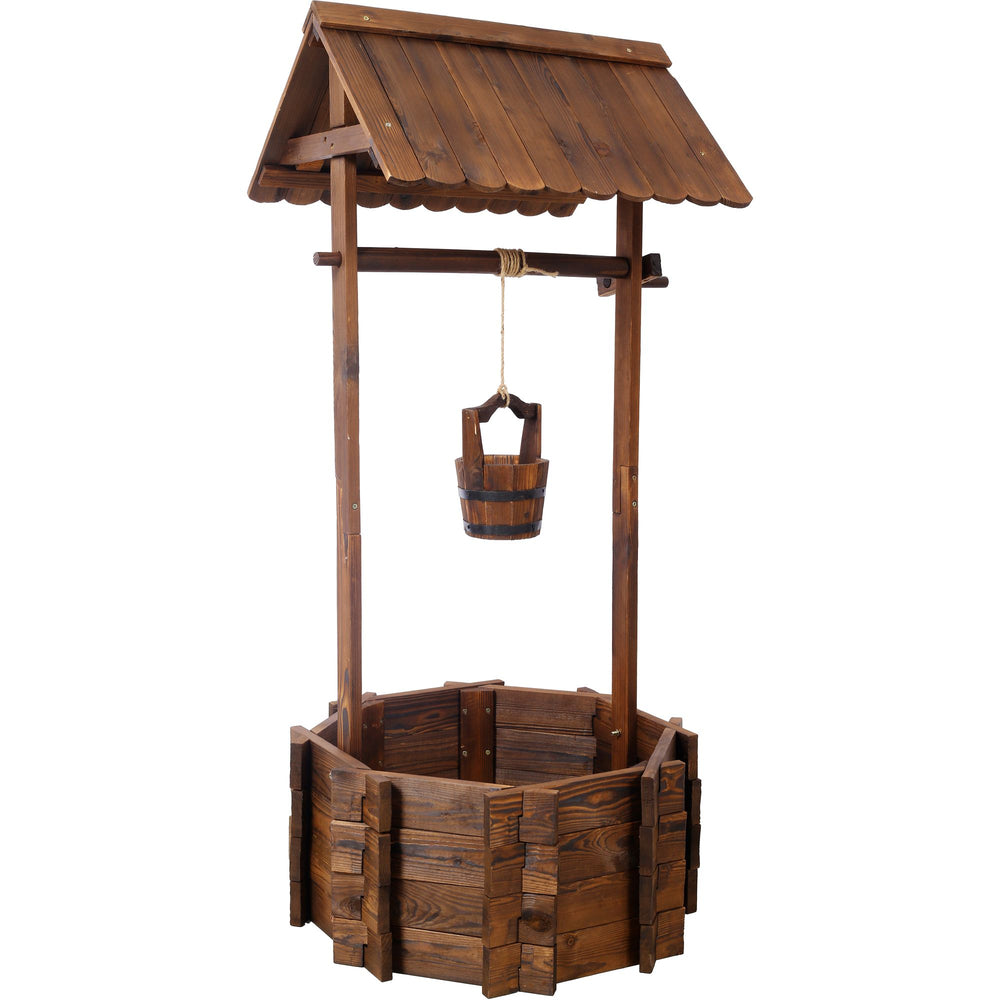 Buy farmhouse furniture Charming Rustic Wooden Wishing Well Planter for Outdoor Garden with Bucket Accent - Modern Cottage Farmhouse Furniture