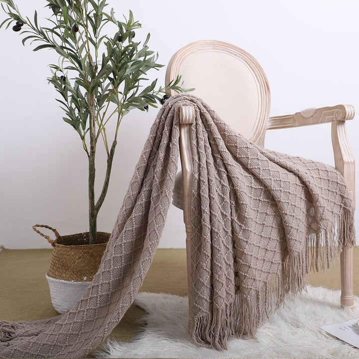 Buy farmhouse furniture Modern Farmhouse Coffee Diamond Pattern Knitted Throw Blanket with Tassels - Modern Cottage Farmhouse Furniture
