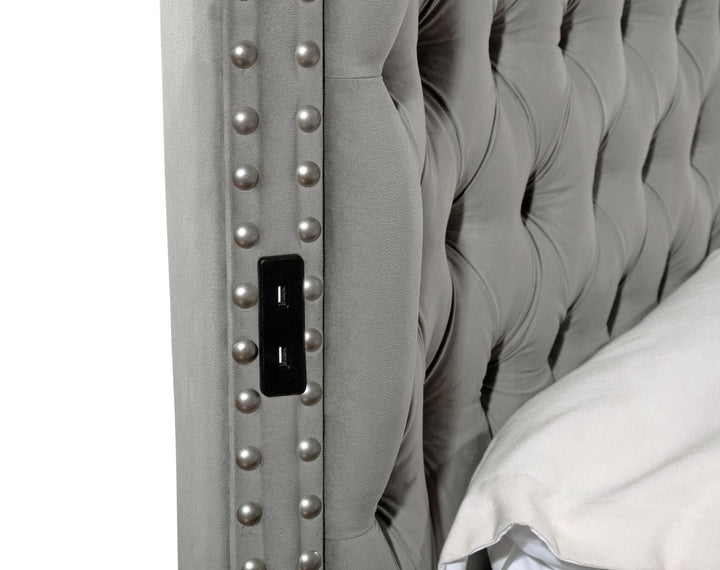 Buy farmhouse furniture Hazel Queen Size Tufted Storage Bed made with Wood in Gray - Modern Cottage Farmhouse Furniture