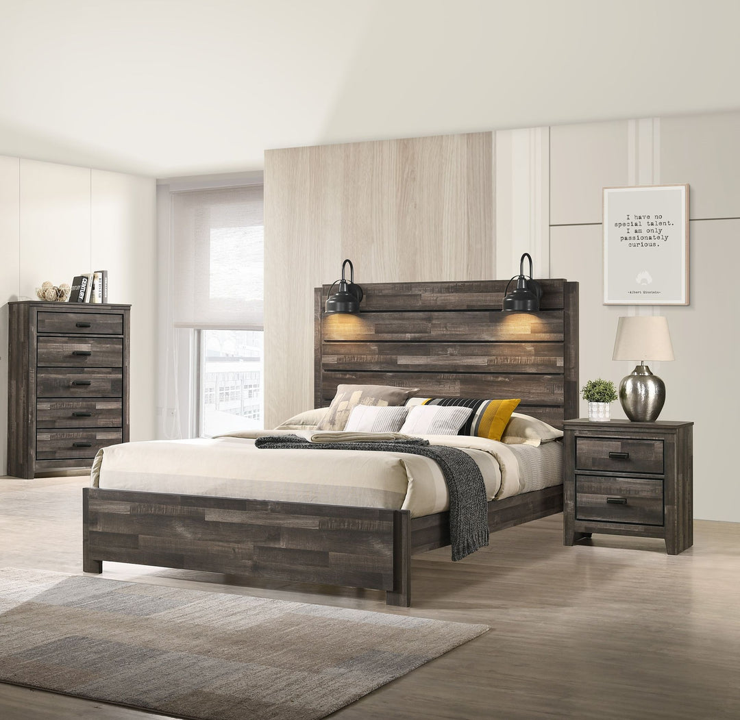 Buy farmhouse furniture 1pc Rustic Style Butcher Block Finish Weathered Brown Finish King Size Bed w/ Lamp Wooden Bedroom Furniture - Modern Cottage Farmhouse Furniture