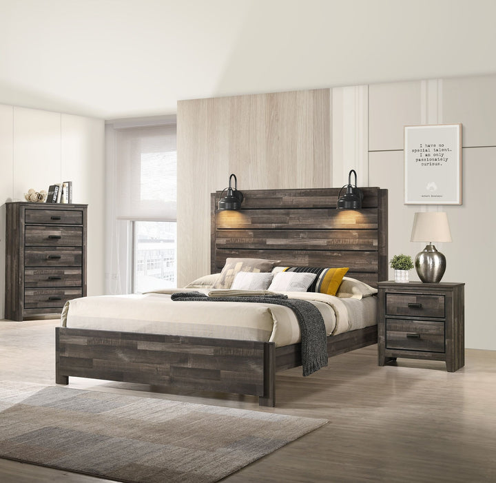 Buy farmhouse furniture 1pc Rustic Style Butcher Block Finish Weathered Brown Finish King Size Bed w/ Lamp Wooden Bedroom Furniture - Modern Cottage Farmhouse Furniture