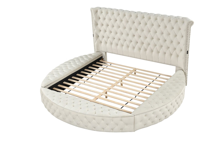 Buy farmhouse furniture Hazel Modern Circular Style King Bed Made with Wood in Cream - Modern Cottage Farmhouse Furniture