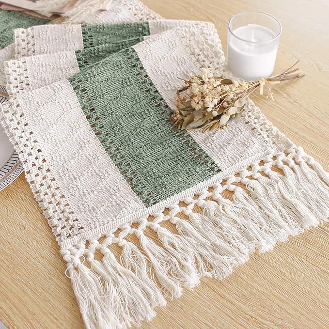 Buy farmhouse furniture Sage Green Farmhouse Table Runner 72 Inches Long with Tassels - Modern Cottage Farmhouse Furniture