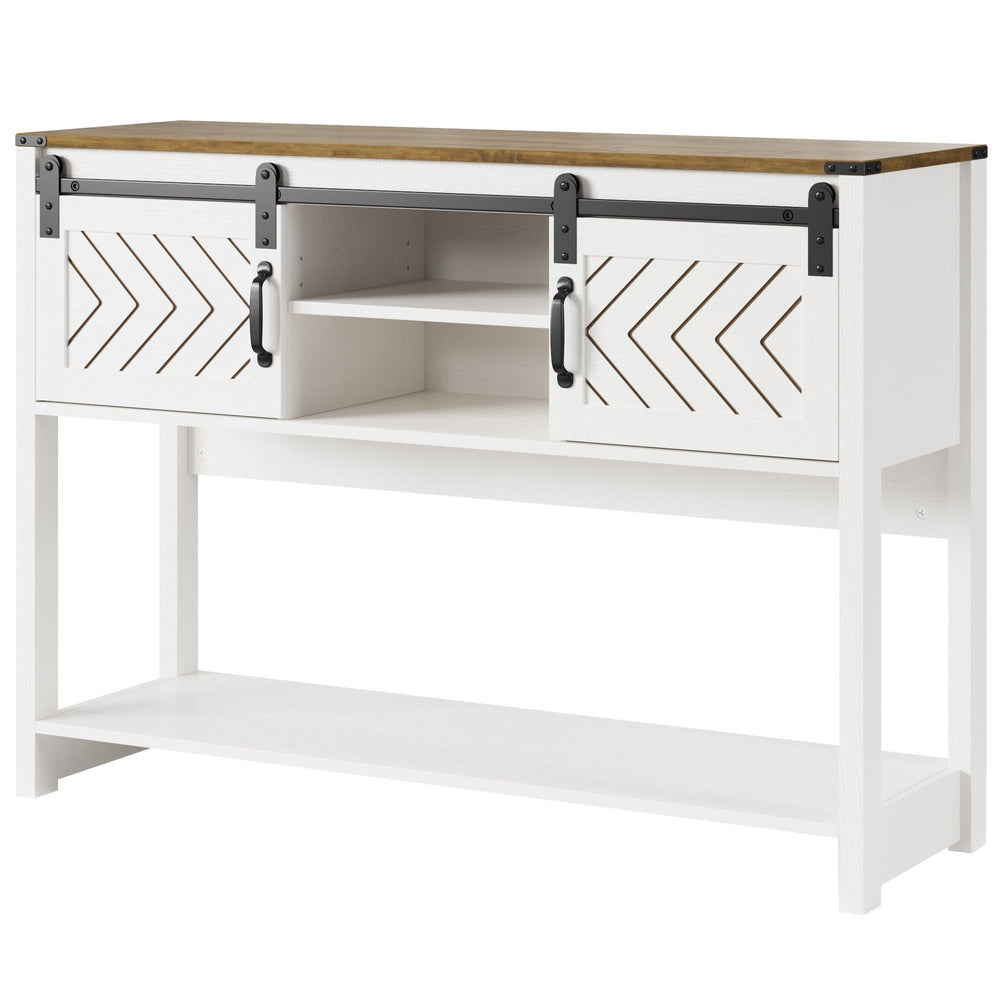 Buy farmhouse furniture Farmhouse Entryway Table with Drawers, 46" Console Table with Sliding Barn Door, Wood Rustic Sofa Table with Adjustable Shelf for Living Room, Foyer, Hallway, White and Rustic Oak - Modern Cottage Farmhouse Furniture