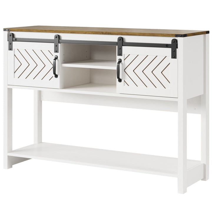 Buy farmhouse furniture Farmhouse Entryway Table with Drawers, 46" Console Table with Sliding Barn Door, Wood Rustic Sofa Table with Adjustable Shelf for Living Room, Foyer, Hallway, White and Rustic Oak - Modern Cottage Farmhouse Furniture