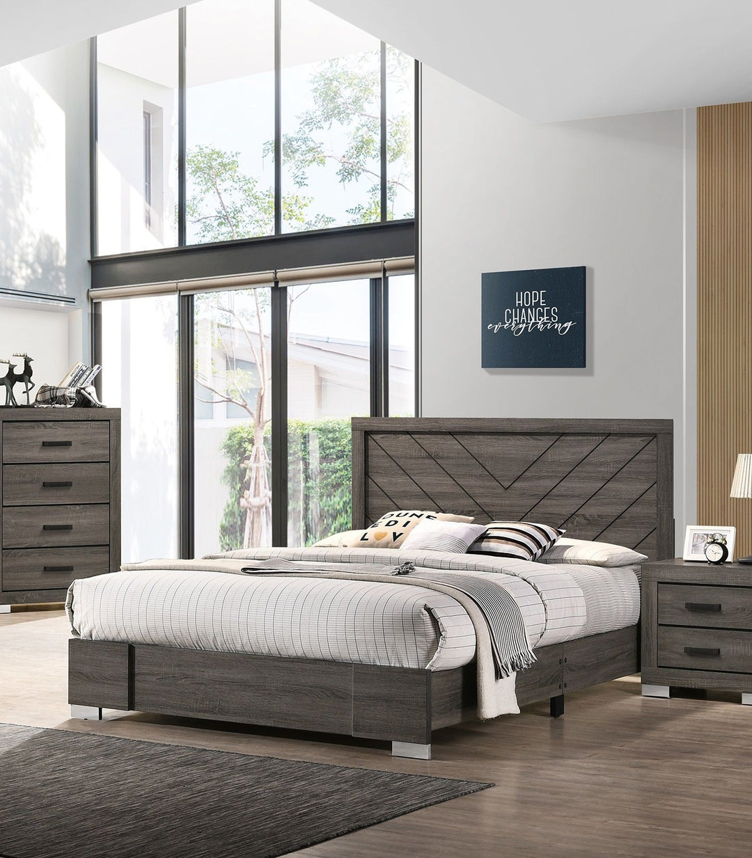 Buy farmhouse furniture Contemporary Grey Finish Unique King Size Bed 1pc Bedroom Furniture Unique Lines Headboard Wooden - Modern Cottage Farmhouse Furniture