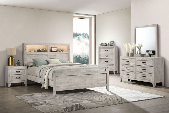 Buy farmhouse furniture 1pc King Size Farmhouse Bed w Headboard Shelves and Light White Wash Contemporary Furniture - Modern Cottage Farmhouse Furniture