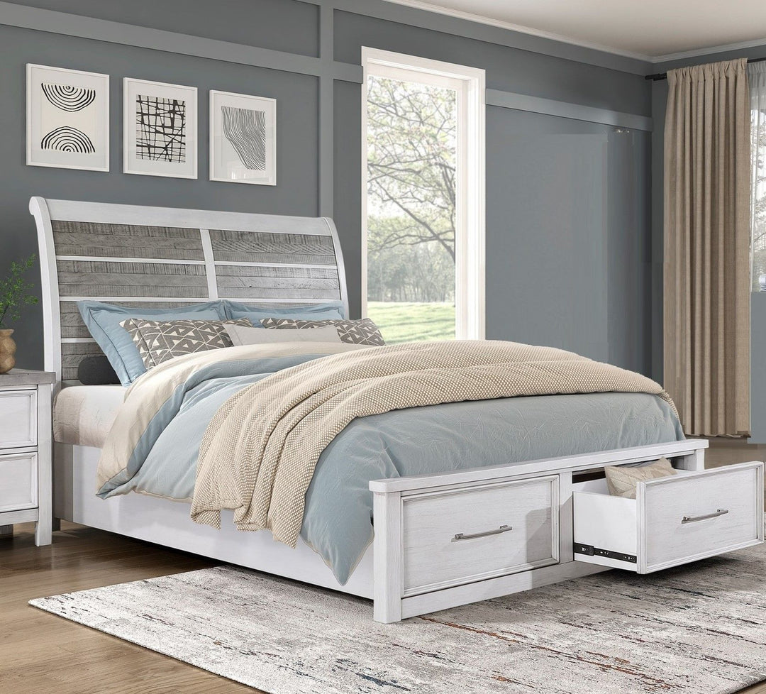 Buy farmhouse furniture Antique White and Gray Finish Queen Platform Bed with Footboard Storage Classic Design Wooden Furniture 1pc - Modern Cottage Farmhouse Furniture