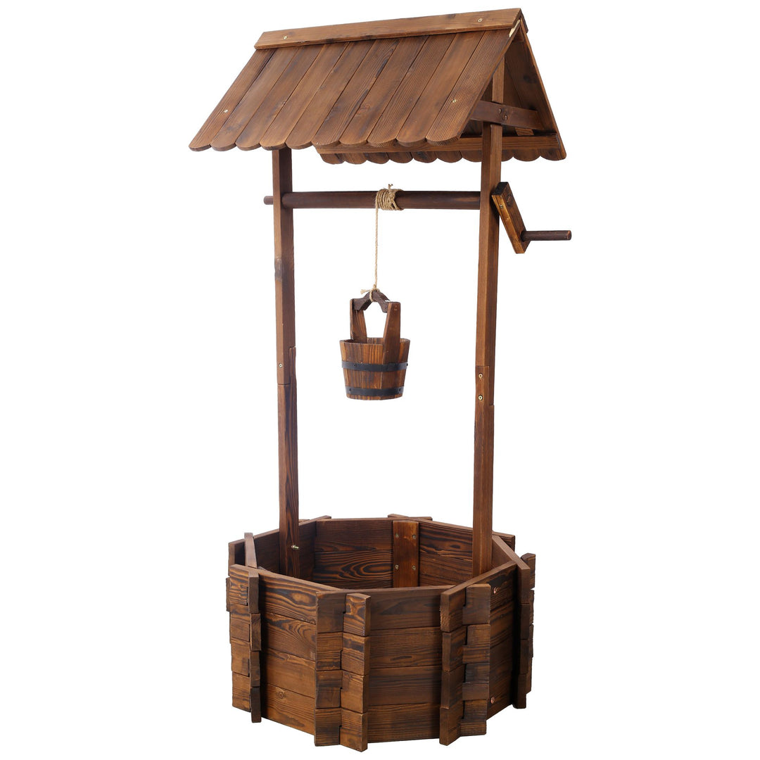 Buy farmhouse furniture Charming Rustic Wooden Wishing Well Planter for Outdoor Garden with Bucket Accent - Modern Cottage Farmhouse Furniture