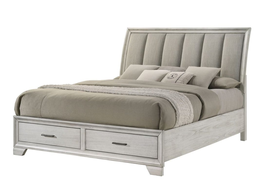 Buy farmhouse furniture Elegant Queen Farmhouse Platform Bed with Ultra-plush Headboard and Two Spacious Footboard Drawers - Solid Wood in White Mist - Modern Cottage Farmhouse Furniture
