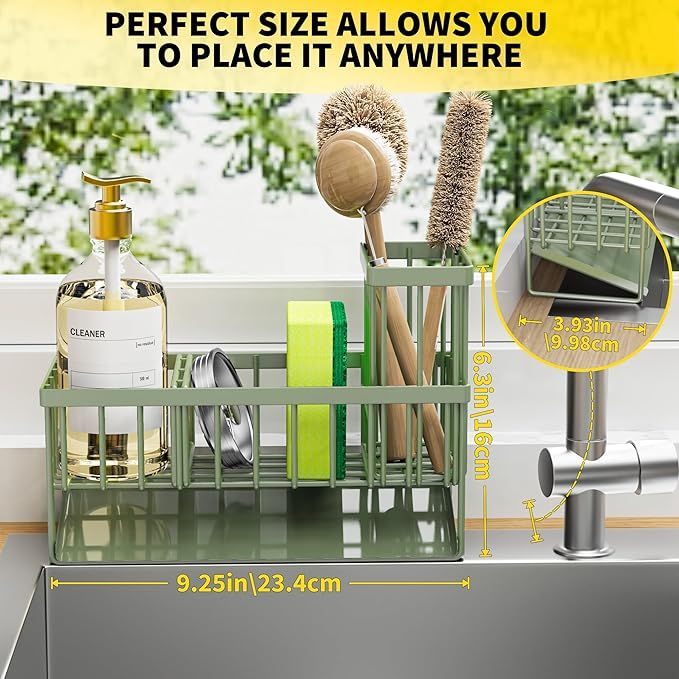 Buy farmhouse furniture Kitchen Sink Caddy, Sponge Holder for Kitchen Sink, Kitchen Sink Organzier and Storage with High Brush Holder, 304 Stainless Gadgets Sink Accessories, Organizadores de Cocina Sage Green - Modern Cottage Farmhouse Furniture
