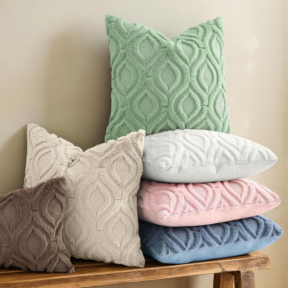 Buy farmhouse furniture Throw Pillow Covers 18x18 Inch Set of 2, Soft Plush Faux Wool Sage Green Solid Couch Pillow Covers, Accent Farmhouse Neutral Square Pillow Cases for Sofa Bed Living Room - Modern Cottage Farmhouse Furniture